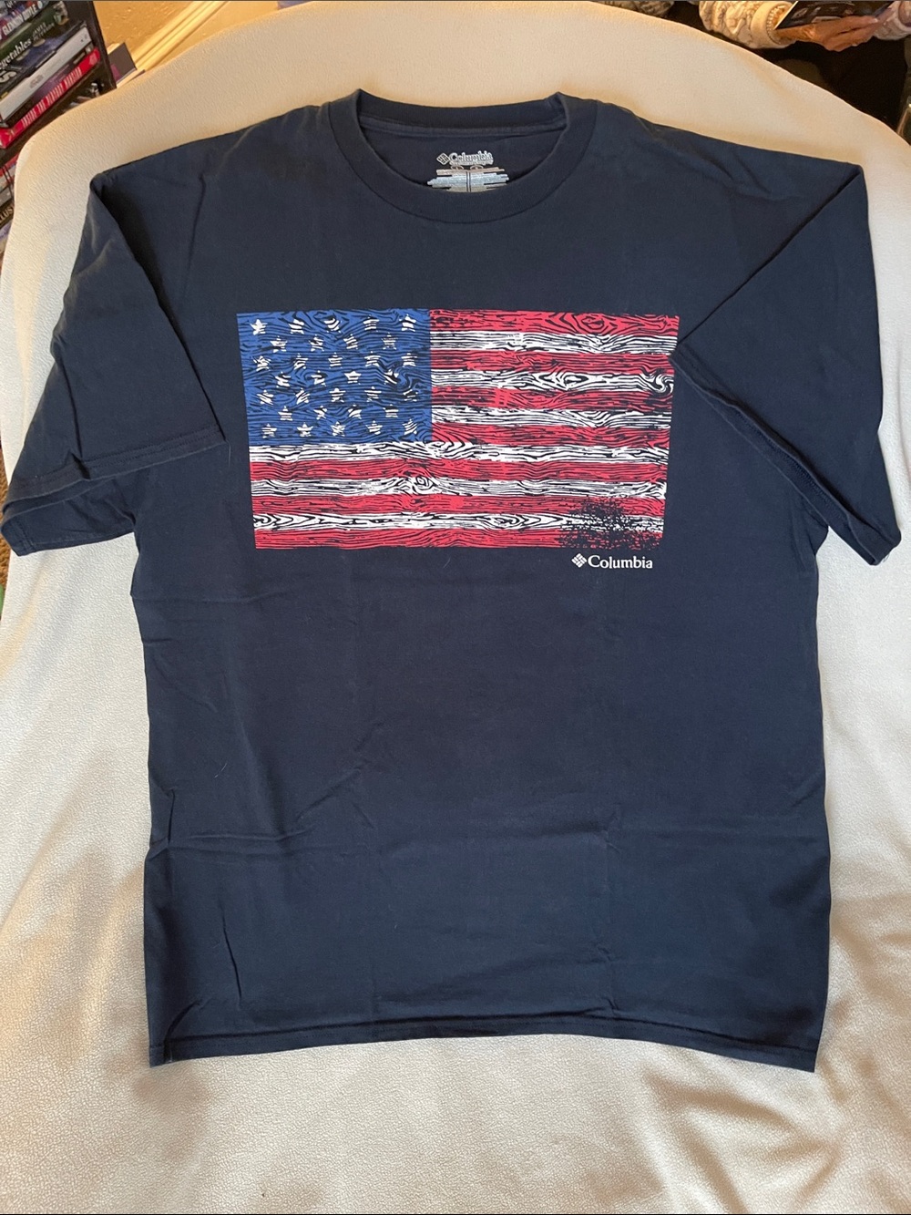 Columbia Navy Short-Sleeve Tee with Distressed American Flag Graphic size large
